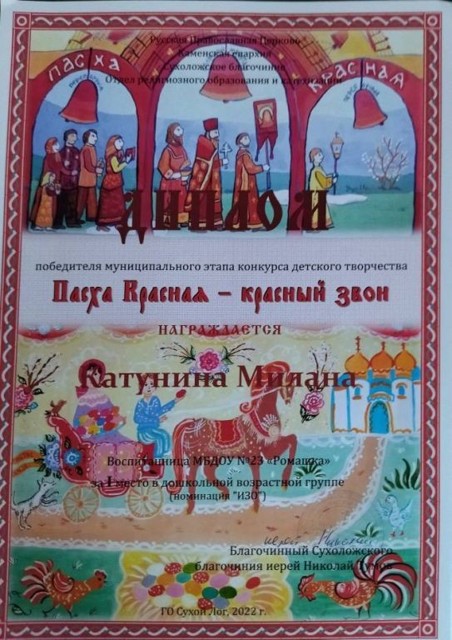 Муниципальный конкурс детского творчества "Пасха Красная - красный звон" , 1 место , 2022г