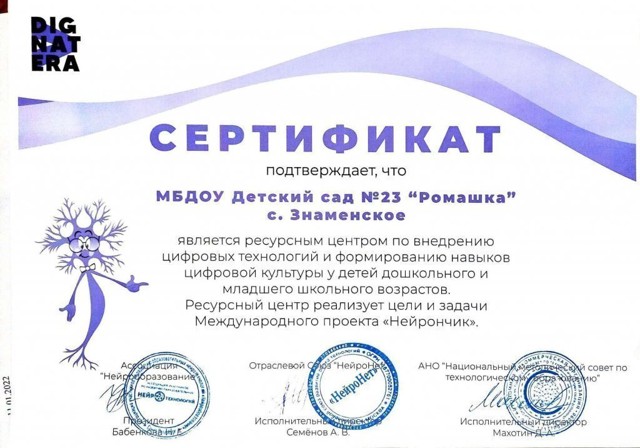 Сертификат международного проекта Нейрончик