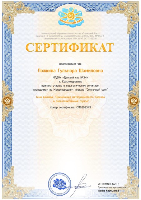 сертификат участника в семенаре