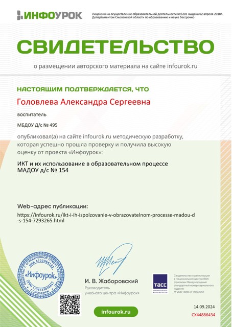ИКТ и их использование-Свидетельство проекта infourok.ru №СХ44886434