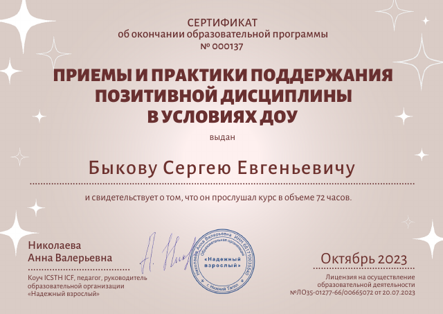 Образовательная программа «Приемы и практики поддержания позитивной дисциплины в условиях ДОУ» (72 часа, 2023)