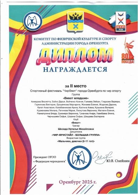 2025 год Спортивный фестиваль "ЧирФест" города Оренбурга по чир спорту (декабрь) Команда "Виват, младшие" (8 -  11 лет) Диплом 2 место