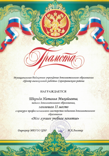 Диплом 2 степени за конкурс открытых занятий МБ УДО "ЦВР", 2025 год. Тема: "Символ Победы"