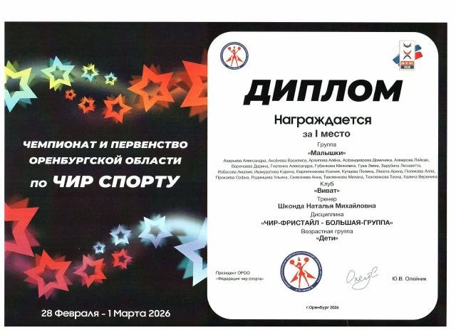 2026 год Чемпионат и первенство Оренбургской области по чир спорту (февраль) Команда "Малышки" (5 лет)  Диплом  1 место