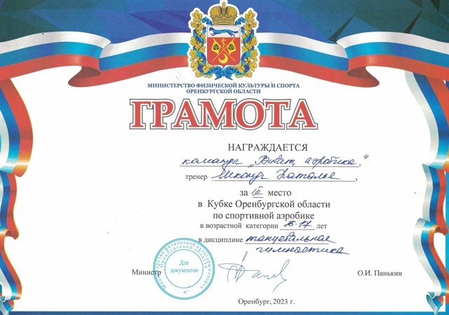 Кубок области по спортивной аэробике, "Виват, аэробика", "Танцевальная гимнастика, 3 место, 2023 год