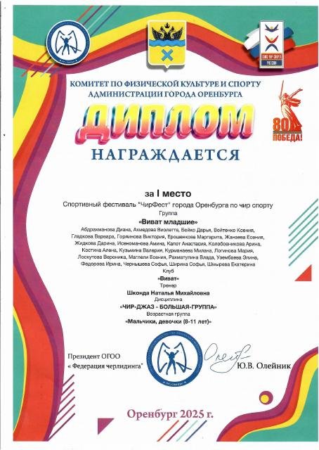 2025 год Спортивный фестиваль "ЧирФест" города Оренбурга по чир спорту (декабрь) Команда "Виват, младшие" (8 -  11 лет) Диплом 1 место