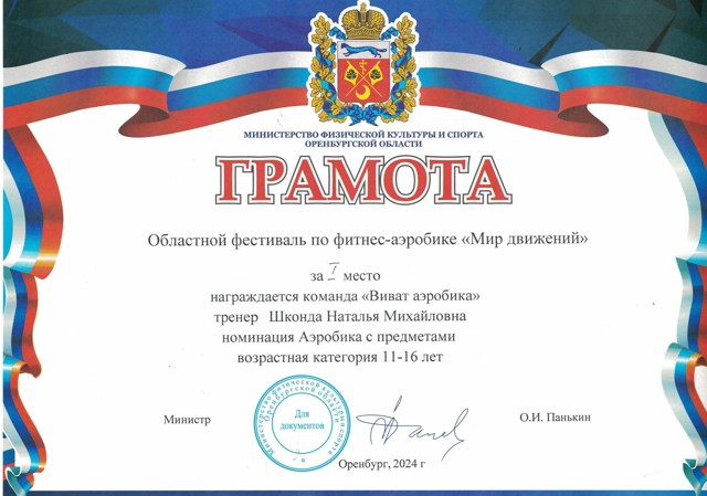 Областной фестиваль "Мир движений", Аэробика с предметами с предметами,1 место, 2024 год