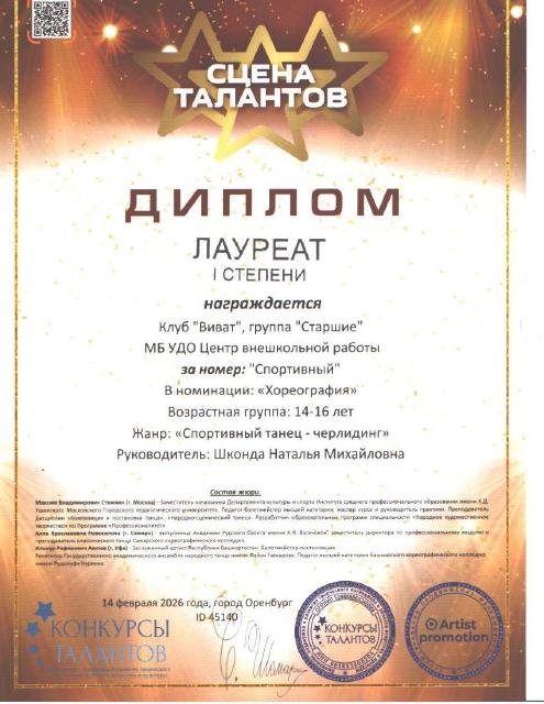 Группа «Виват -старшие"— лауреаты первой степени  в номинации "Хореография", номер " Спортивный" возрастная группа 14-16 лет