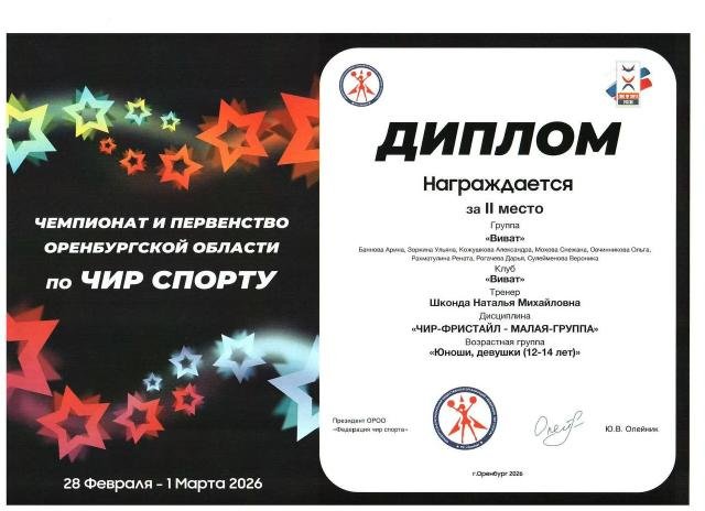 2026 год Чемпионат и первенство Оренбургской области по чир спорту (февраль) Команда "Виват, старшие" (14-16 лет) Диплом 2 место