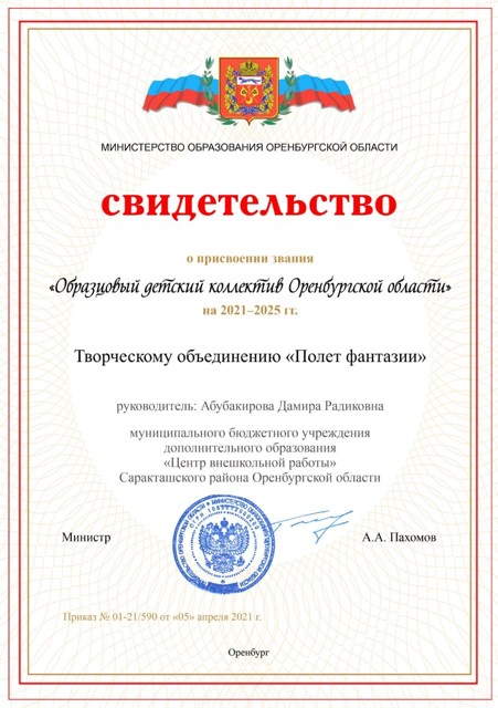 Свидетельство 
"Образцовый коллектив"