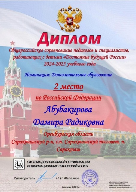 Общероссийское соревнование педагогов и специалистов, работающих с детьми "Достояние будущей России"
 2024- 2025 года.
Диплом 2 место