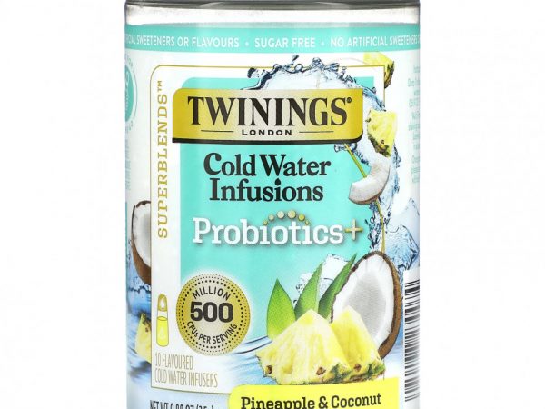 Twinings, Superblends, настои из холодной воды, пробиотики, ананас и кокос, без кофеина, 10 шт. Для заваривания в холодной воде, 25 г (0,88 унции)