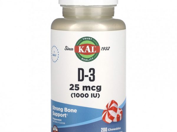 KAL, D-3, мята, 25 мкг (1000 МЕ), 200 жевательных таблеток
