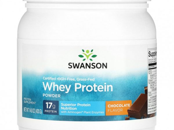 Swanson, Сертифицированный порошок сывороточного протеина травяного откорма, без rBGH, шоколад, 420 г (14,8 унции)