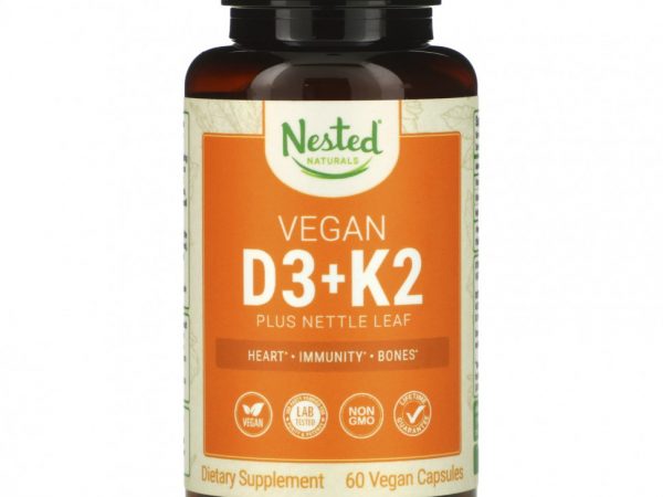 Nested Naturals, Веганские витамины D3 + K2 и листья крапивы, 60 веганских капсул