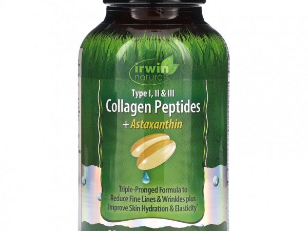 Irwin Naturals, Коллагеновые пептиды + астаксантин, тип I, II и III, 60 мягких таблеток
