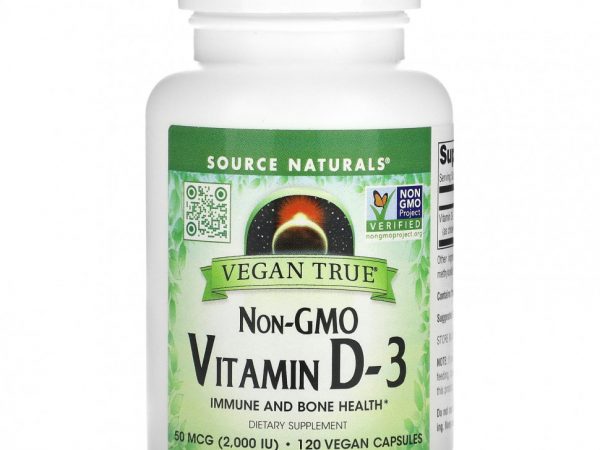 Source Naturals, Витамин D3 без ГМО, 50 мкг (2000 МЕ), 120 веганских капсул
