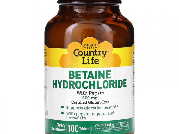 Country Life, Бетаина гидрохлорид с пепсином, 600 мг, 100 таблеток