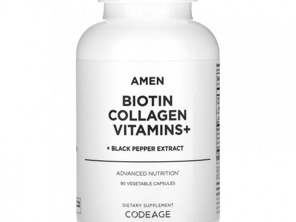 Codeage, Amen, биотин, коллаген, витамины и экстракт черного перца, 90 растительных капсул