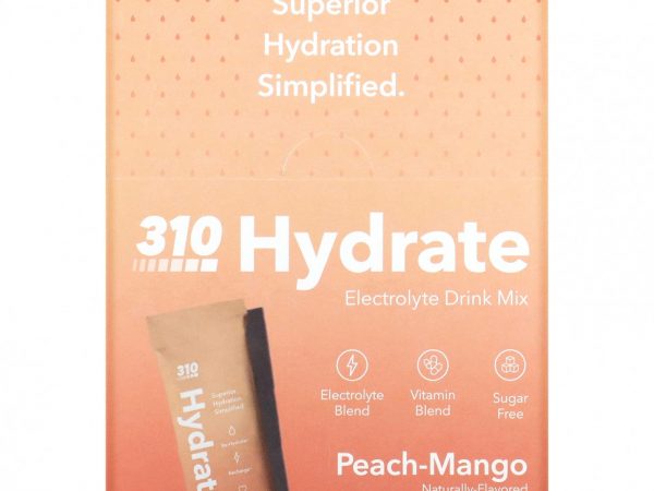 310 Nutrition, Hydrate, смесь для приготовления электролитов, персик и манго, 30 палочек по 5 г (0,18 унции)
