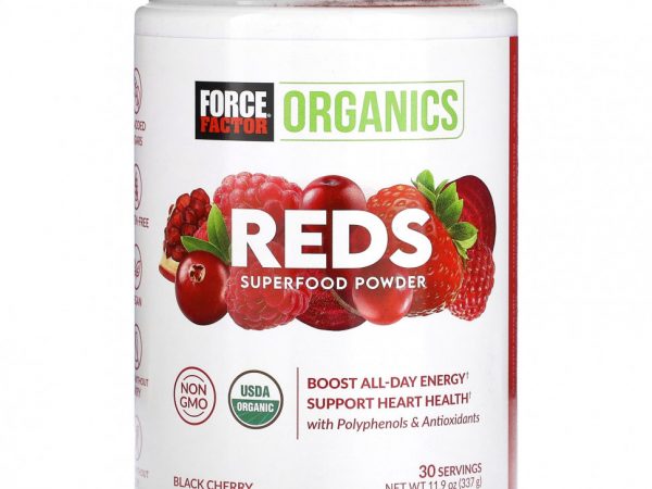 Force Factor, Organics, красный цвет, порошок из суперфудов, черная вишня, 337 г (11,9 унции)