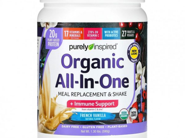Purely Inspired, Органический универсальный заменитель еды и коктейль, с французской ванилью, 590 г (1,3 фунта)
