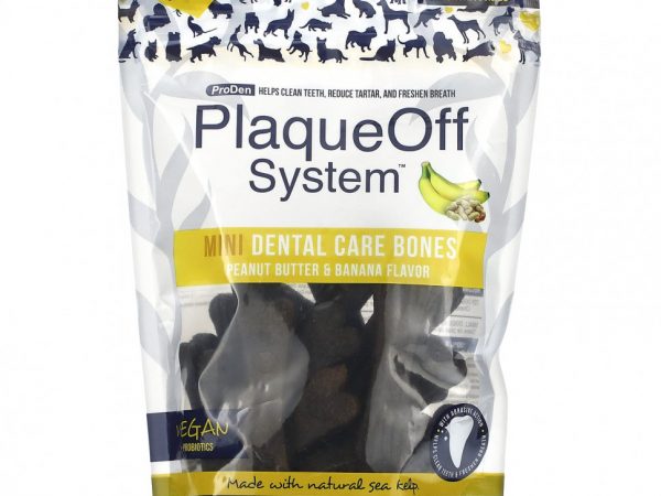 ProDen, PlaqueOff System, средство для ухода за зубами, мини-стоматология, для собак мелких и игрушечных пород, арахисовое масло и банан, 20 костей, 340 г (12 унций)
