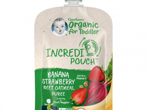 Gerber, Organic для малышей, от 12 месяцев, банан, клубника, свекла, овсяное пюре, 90 г (3,17 унции)