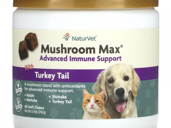 NaturVet, Mushroom Max, улучшенная поддержка иммунитета с индюковидным хвостом, для собак и кошек, 60 жевательных таблеток, 240 г (8,4 унции)