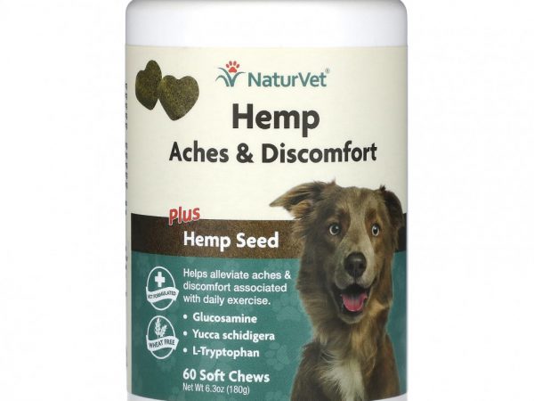 NaturVet, Конопляные боли и дискомфорт с семенами конопли, для собак, 60 жевательных таблеток, 180 г (6,3 унции)