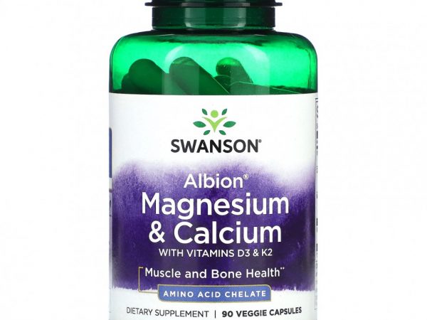 Swanson, Albion, магний и кальций с витаминами D3 и K2, 90 растительных капсул