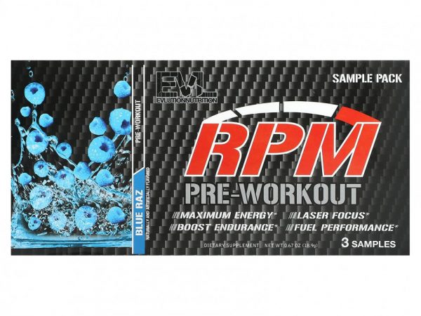 EVLution Nutrition, RPM, перед тренировкой, пробник, Blue Raz, 3 стик-пакета, 18,9 г (0,67 унции)