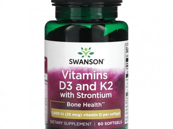 Swanson, Витамины D3 и K2 со стронцием, 1000 МЕ (25 мкг), 60 мягких таблеток