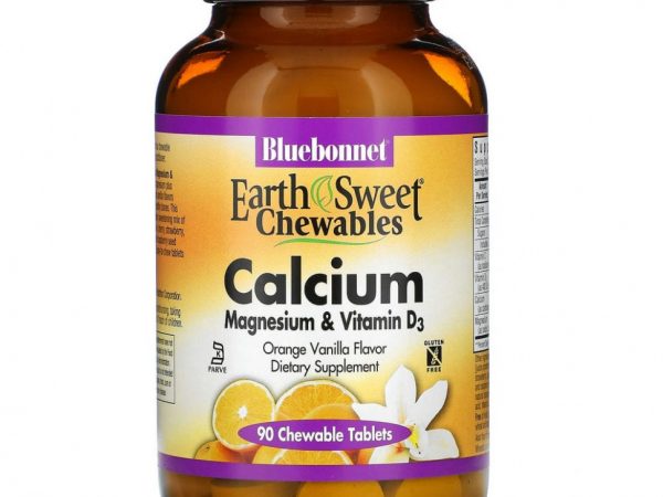 Bluebonnet Nutrition, EarthSweet, жевательные таблетки, кальций, магний и витамин D3, со вкусом апельсина и ванили, 90 жевательных таблеток