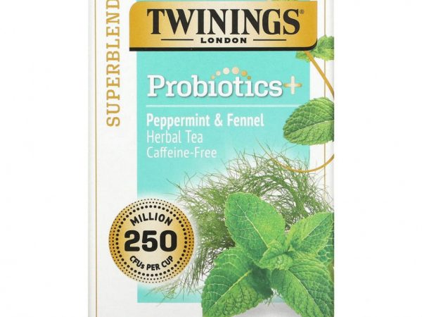 Twinings, Probiotics, травяной чай, перечная мята и фенхель, без кофеина, 18 чайных пакетиков, 36 г (1,27 унции)