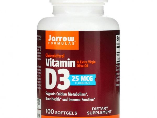 Jarrow Formulas, витамин D3, холекальциферол, 25 мкг (1000 МЕ), 100 капсул