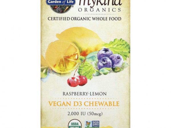 Garden of Life, MyKind Organics, веганский витамин D3, со вкусом малины и лимона, 2000 МЕ, 30 вегетарианских жевательных таблеток