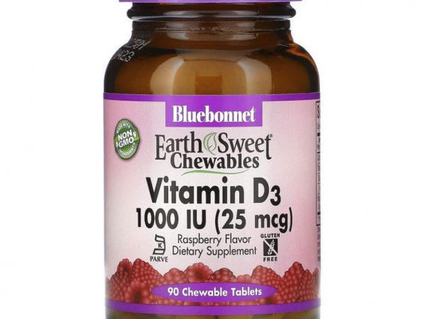 Bluebonnet Nutrition, EarthSweet Chewables, витамин D3, со вкусом малины, 25 мкг (1000 МЕ), 90 жевательных таблеток
