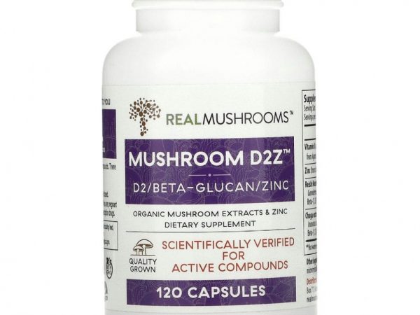Real Mushrooms, Mushroom D2Z, D2 / бета-глюкан / цинк, 120 капсул