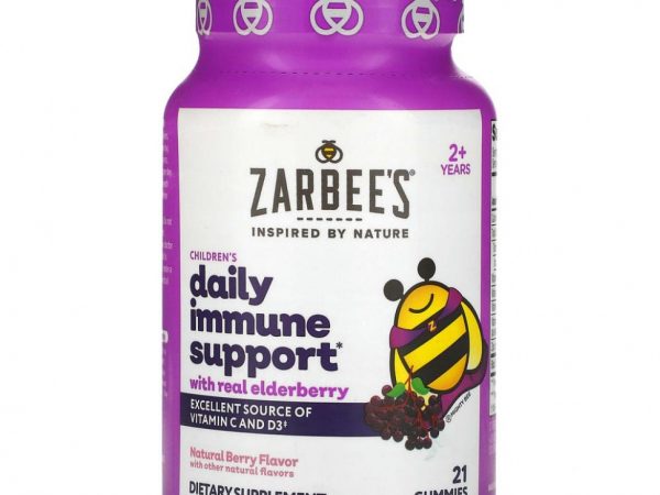 Zarbee's, Mighty Bee, средство с бузиной для укрепления иммунитета у детей, натуральный ягодный вкус, 21 жевательная конфета