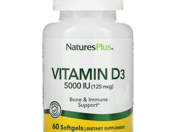 NaturesPlus, витамин D3, 125 мкг (5000 МЕ), 60 мягких таблеток