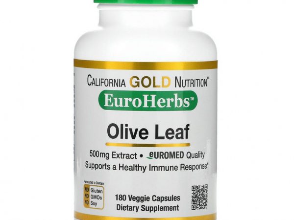 California Gold Nutrition, экстракт из листьев оливкового дерева, EuroHerbs, европейское качество, 500 мг, 180 растительных капсул
