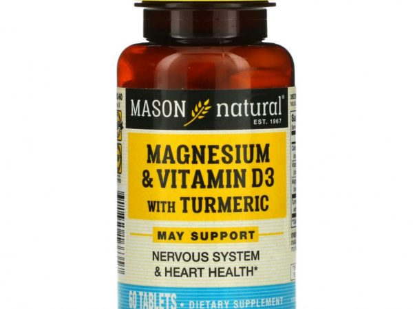 Mason Natural, магний и витамин D3 с куркумой, 60 таблеток