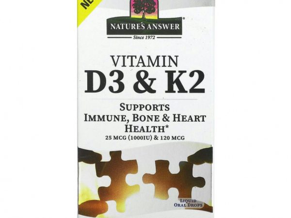 Nature's Answer, витамины D3 и K2, 25 мкг (1000 МЕ) и 120 мкг, 0,5 мл (120 жидк. унций)