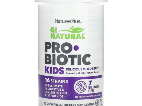 NaturesPlus, GI Natural Probiotic Kids, детские пробиотики, ягодный вкус, 7 миллиардов КОЕ, 30 жевательных таблеток