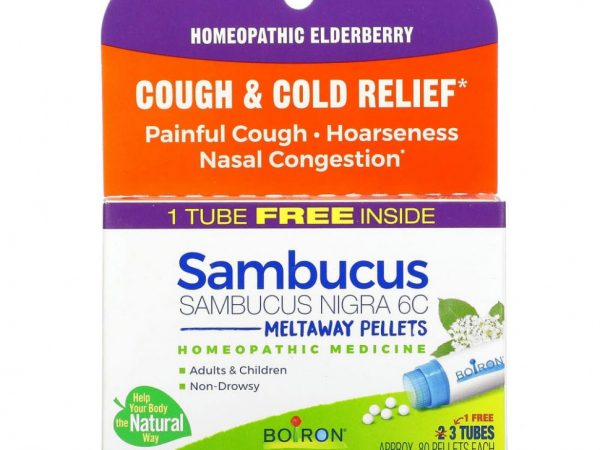 Boiron, Sambucus, средство от кашля и простуды, гранулы Meltaway, 6C, 3 тюбика, прибл. 80 гранул каждая