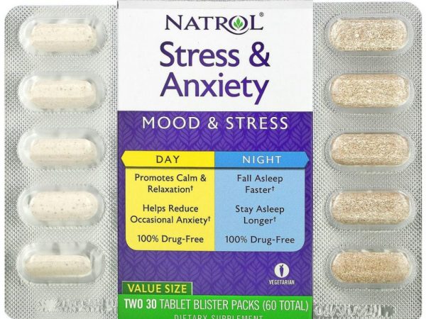 Natrol, средство от стресса и тревожности для приема днем и ночью, два блистера по 30 таблеток в упаковке (всего 60)