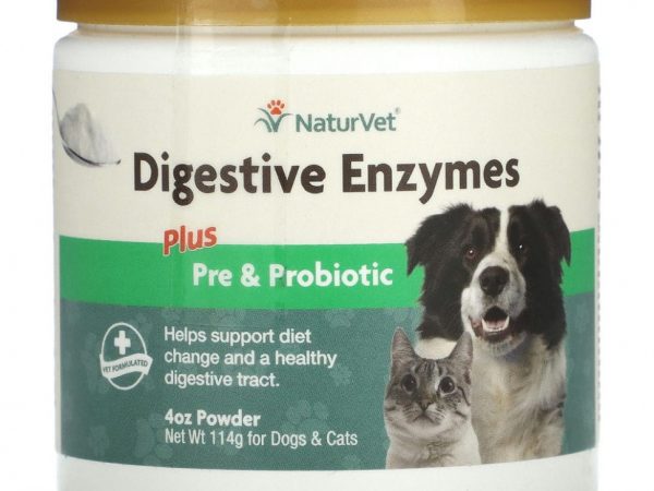 NaturVet, пищеварительные ферменты, пребиотики и пробиотики, для собак и кошек, в форме порошка, 114 г (4 унций)