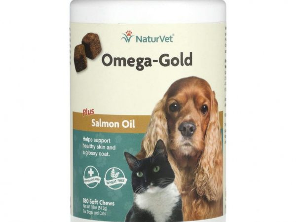 NaturVet, Omega-Gold с жиром лосося, добавка для собак и котов, улучшение состояния кожи и шерсти, 180 мягких жевательных таблеток