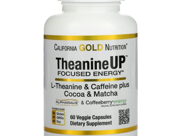 California Gold Nutrition, TheanineUP, сфокусированная энергия, L-теанин и кофеин, 60 растительных капсул